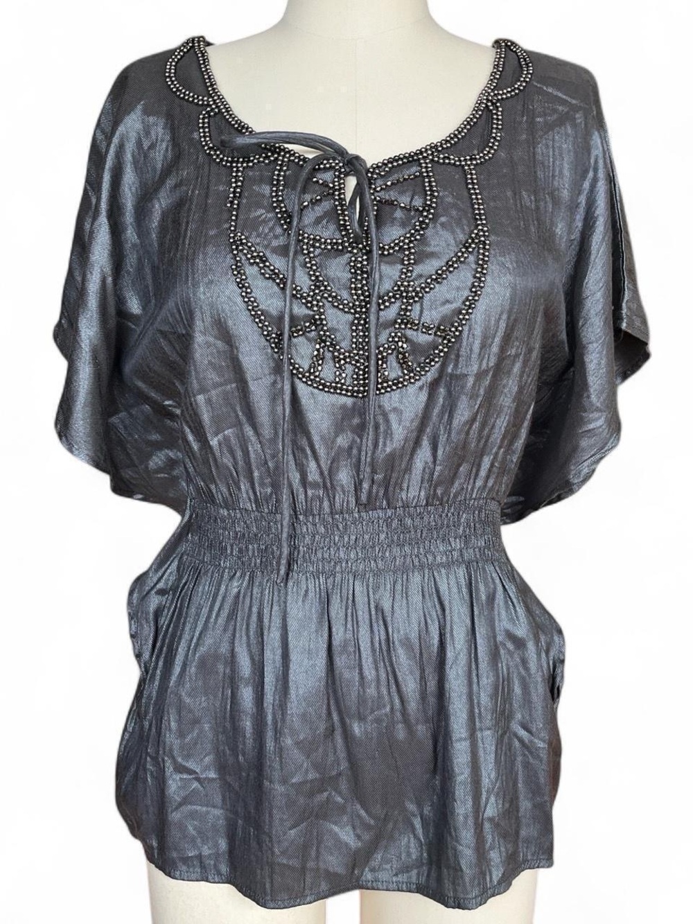 2010s era forever 21 metallic grey beaded top with batwing sleeves